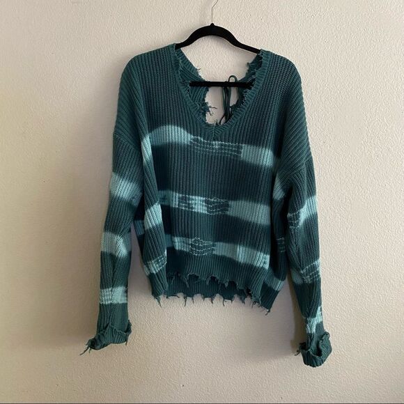 Forever 21+ Green and Blue Striped tie dye Oversized Sweater with fringe - Picture 3 of 7